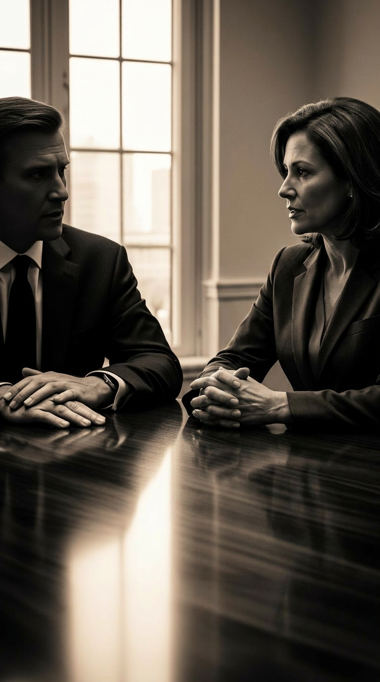 Two executives in conversation across a boardroom table